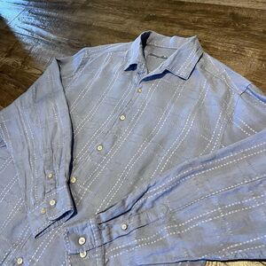 Tommy Bahama Mens XL Gray Blue Plaid 100% Linen Button Up Shirt Long Sleeve